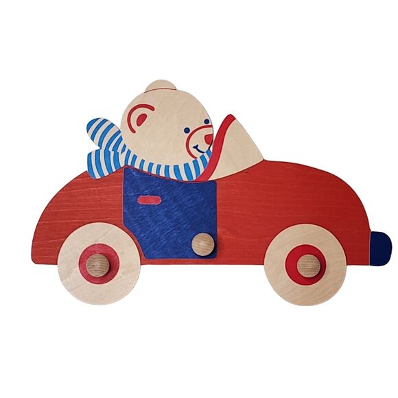 Mertens Kunst Germany Wood Child's Coat Rack Wall Hanging Bear Driving Car - Picture 1 of 8